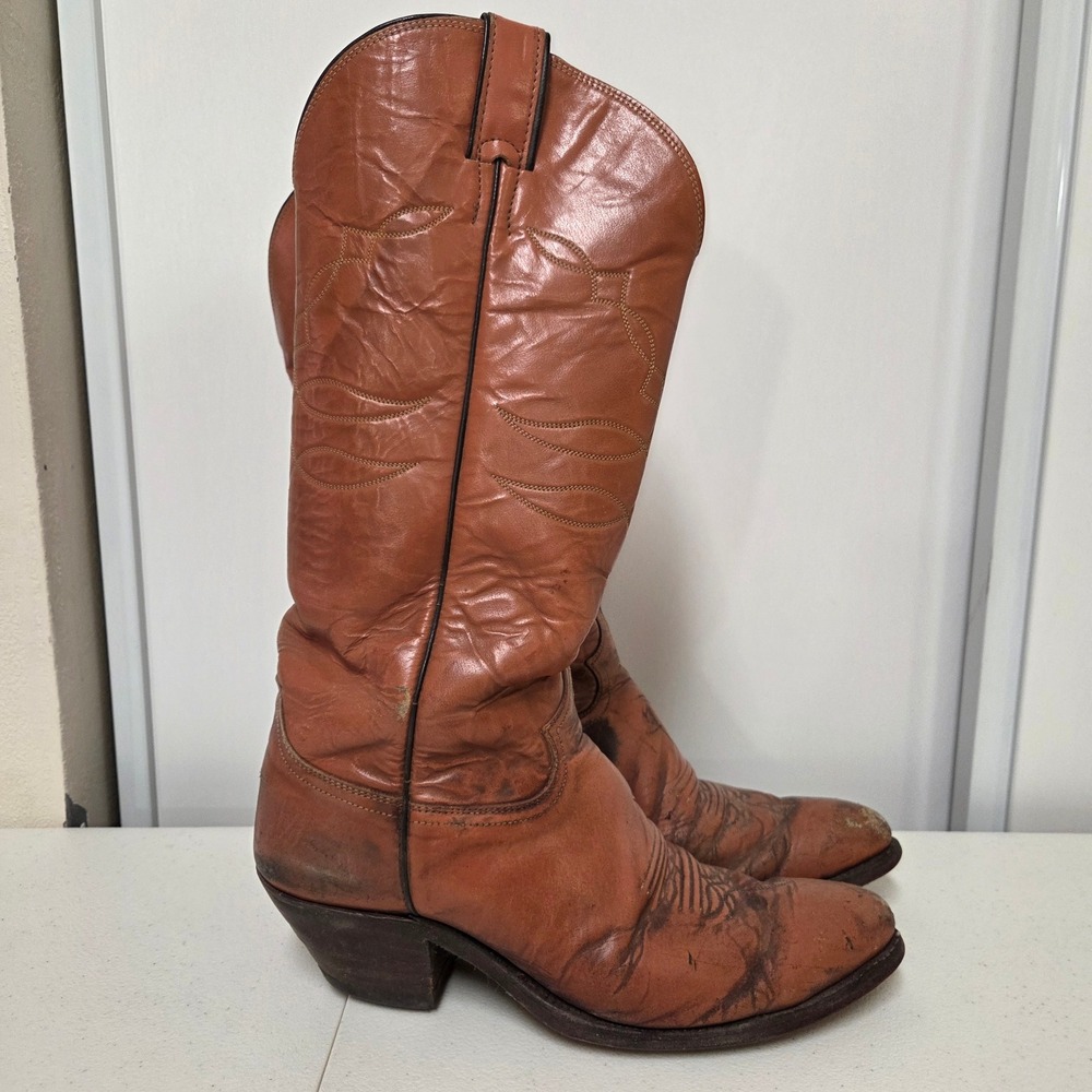 Vintage Justin Cognac Brown Leather Western Cowboy Boots J 5724 Made in USA 9.5B